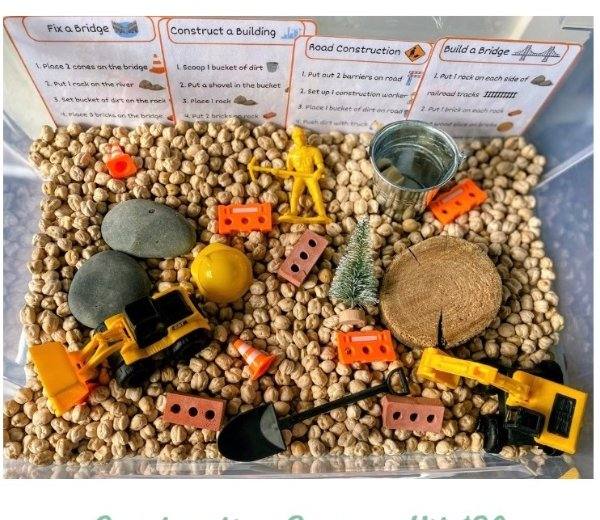 Construction sensory kit with chickpeas, diggers, and direction cards