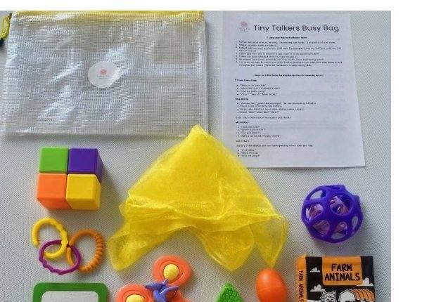 Tiny Talkers busy bag with cause-and-effect toys, mirror, and farm book